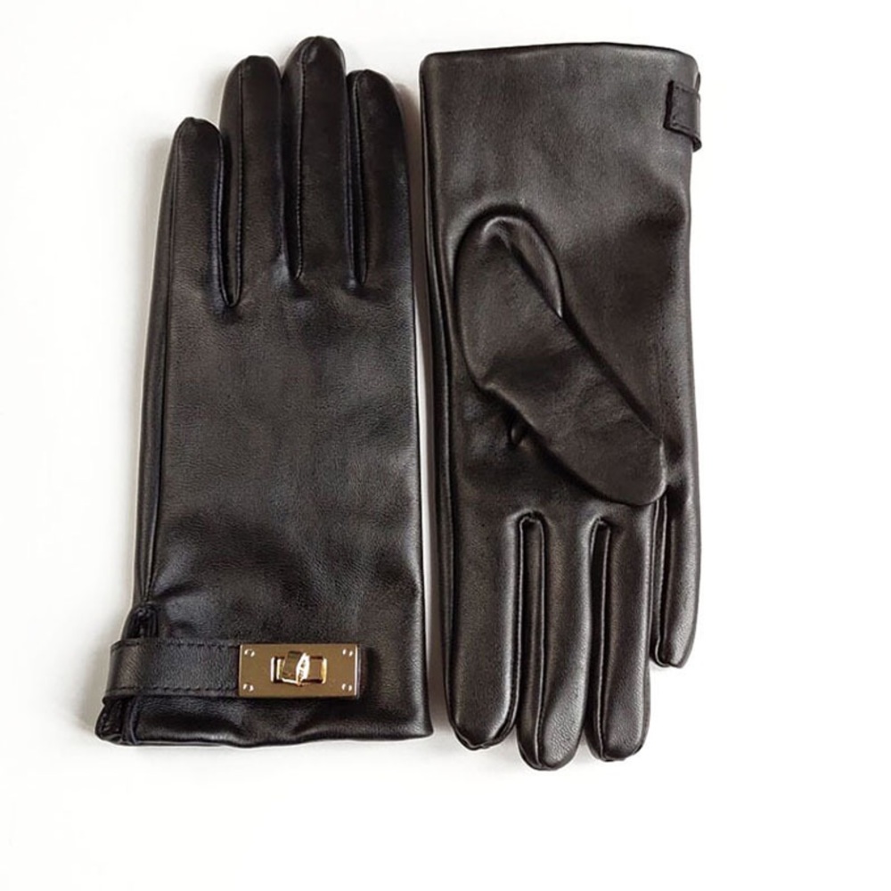 Hermes Style Lock Design Lambskin Leather Gloves Black New